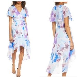 Eliza J Watercolor Dress Floral Hi Lo Hem Faux Wrap Cape Sleeves Size 8